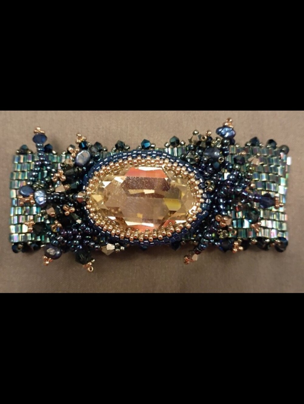 Beaded Statement Bracelet with Central Crystal - Teal & Navy